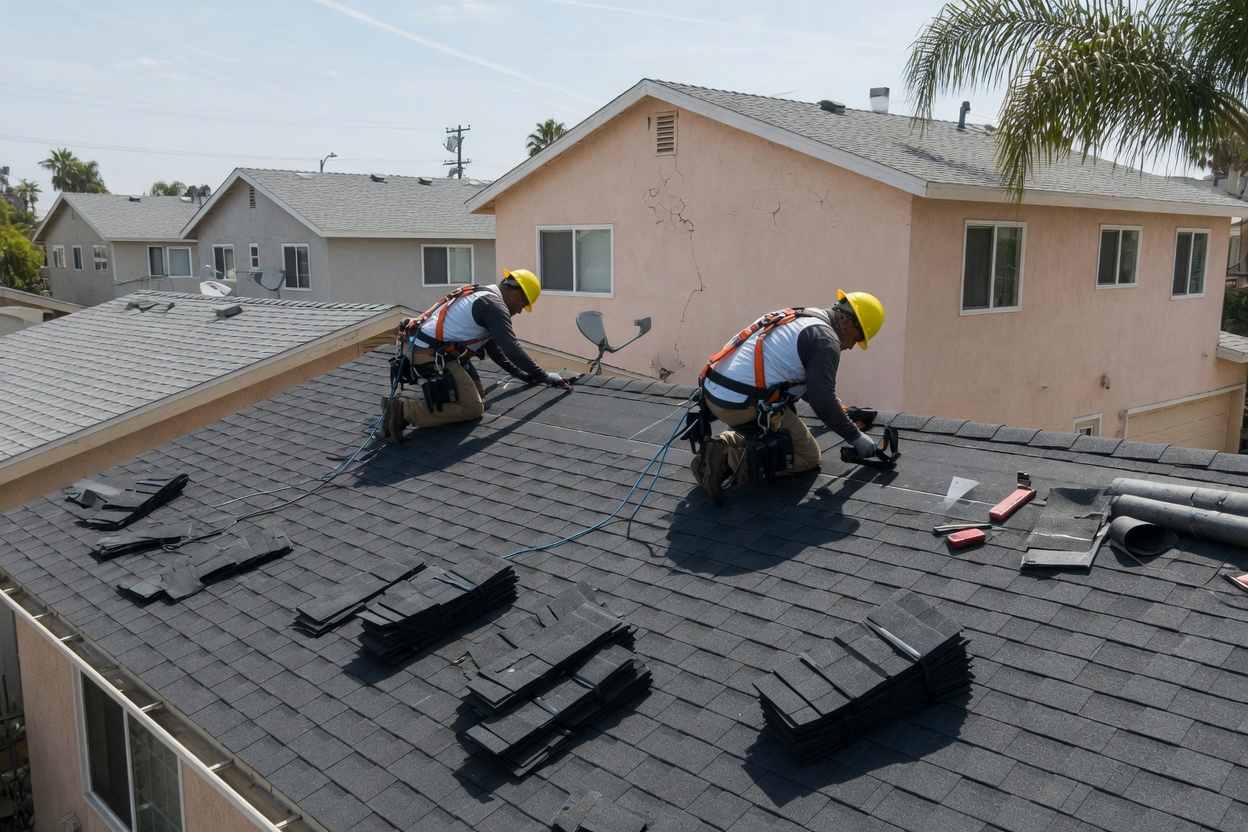 Roofing crew installing asphalt shingles on a Southern California home