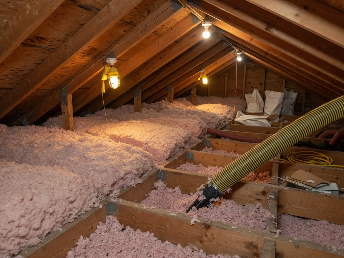 Blown-in attic insulation being installed evenly across a Southern California attic floor